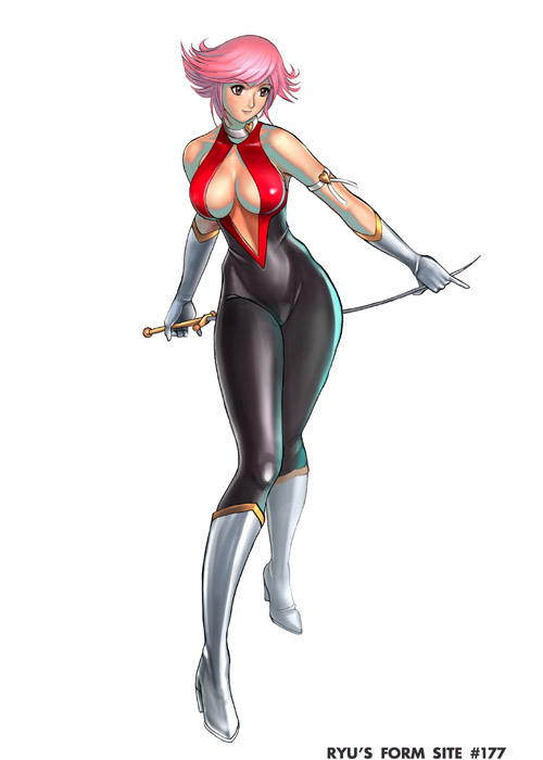 ryu (ryu's form site), cutie honey (character), kisaragi honey, cutie honey, toei company, 1girl, black bodysuit, bodysuit, boots, breasts, choker, cleavage, female focus, full body, gloves, large breasts, magical girl, pink eyes, pink hair, pinup (style), short hair, skinny, slender, smile, solo, sword, weapon