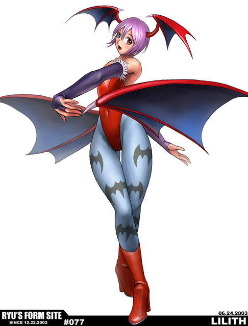 ryu (ryu's form site), lilith (darkstalkers), capcom, darkstalkers, 1girl, :d, animal print, bare shoulders, bat print, bat wings, blue pantyhose, bob cut, boots, bridal gauntlets, crossed legs, demon girl, female focus, flat chest, full body, fur trim, gloves, head wings, high heels, highleg, highleg leotard, hip focus, leotard, open mouth, pantyhose, print pantyhose, purple hair, red eyes, red leotard, shoes, short hair, simple background, skin tight, smile, solo, standing, thigh gap, thighs, watson cross, wings