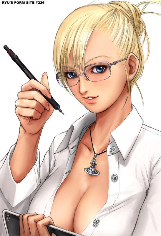 ryu (ryu's former site), blonde hair, blue eyes, breasts, cleavage, dress shirt, glasses, hair bun, jewelry, lips, necklace, open clothes, open shirt, pen, shirt, solo