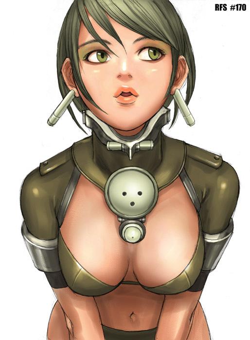 ryu (ryu's form site), bent over, breasts, earrings, eyeshadow, green eyes, green hair, jewelry, lips, makeup, navel