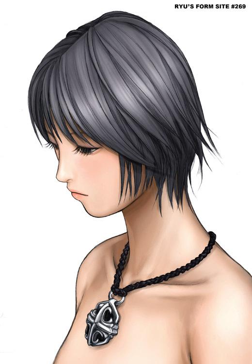 ryu (ryu's form site), jpeg artifacts, black eyes, black hair, collarbone, jewelry, lips, necklace, nude, pendant, short hair