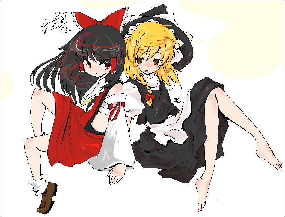 honokan, hakurei reimu, kirisame marisa, touhou, 2girls, barefoot, feet, female focus, full body, hat, multiple girls, oekaki, skirt, white background