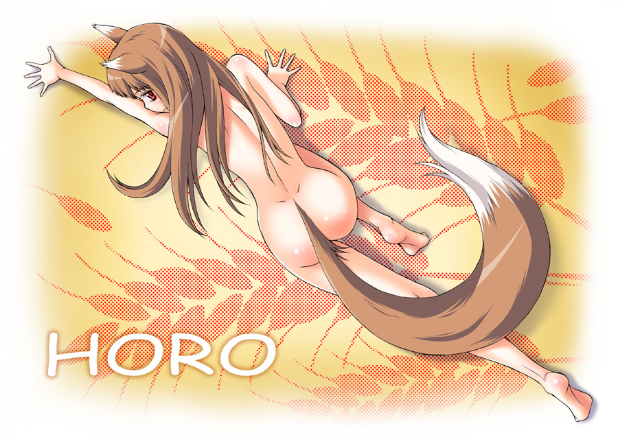 kouda tomohiro, holo, spice and wolf, 00s, animal ears, barefoot, dimples of venus, feet, nude, soles, solo, tail, wolf ears, wolf tail