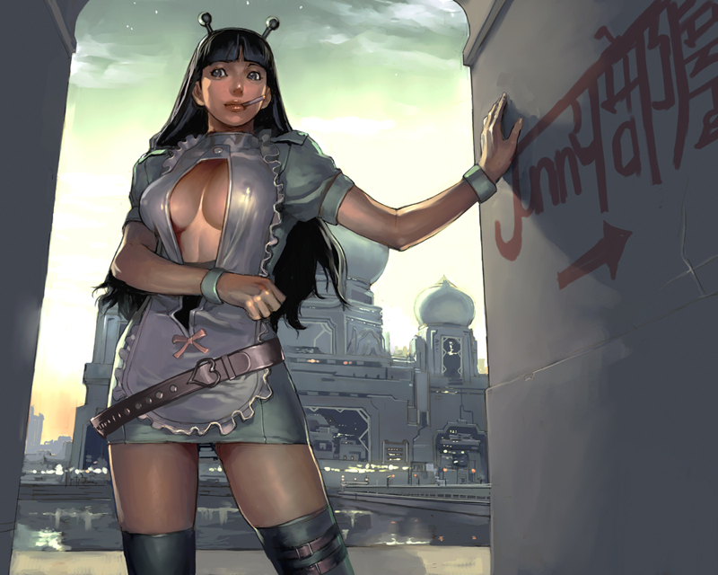 junny, original, bad id, bad pixiv id, 1girl, antennae, belt, belt skirt, black eyes, black hair, breasts, cigarette, cleavage, female focus, lips, long hair, skirt, smoking, solo, thigh strap, thighhighs