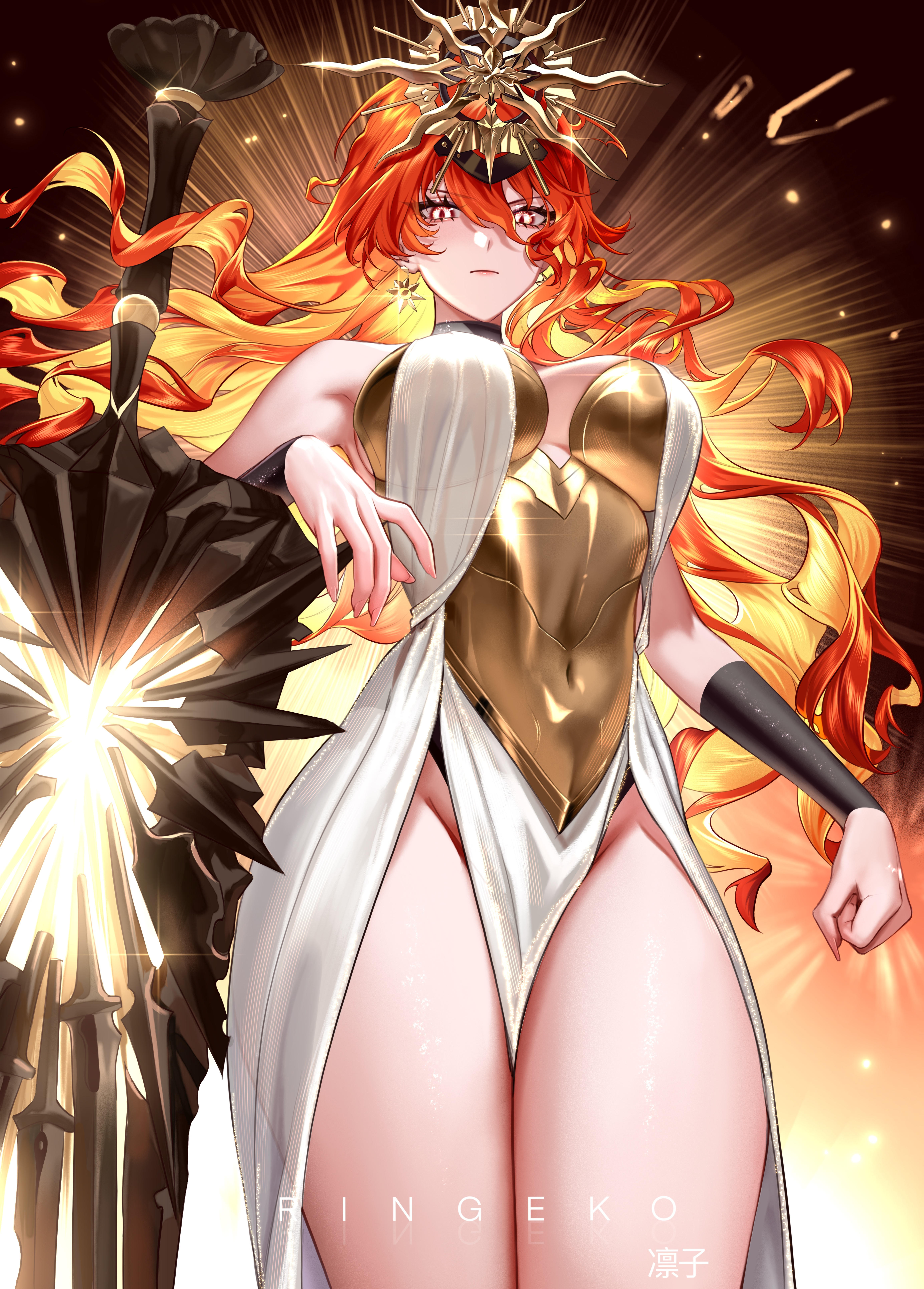 ringeko-chan, augusta (wuthering waves), wuthering waves, absurdres, commentary, highres, 1girl, arm rest, armor, artist name, bare shoulders, black collar, breastplate, breasts, clenched hand, closed mouth, collar, colored inner hair, covered navel, cowboy shot, dress, earrings, fingernails, greatsword, groin, hair between eyes, headgear, jewelry, large breasts, long hair, looking at viewer, multicolored hair, no panties, orange hair, pelvic curtain, red eyes, solo, sun earrings, sword, tacet mark (wuthering waves), thighs, very long hair, weapon, white dress