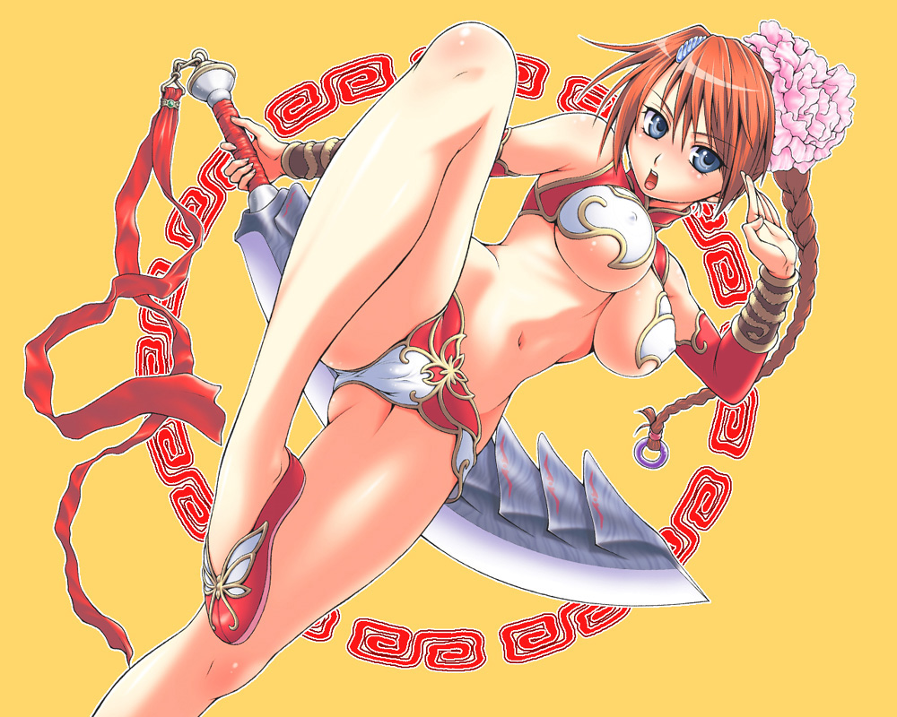 kouda tomohiro, 1girl, blue eyes, breasts, cleavage, covered erect nipples, female focus, high kick, kicking, large breasts, red hair, solo, sword, underboob, weapon