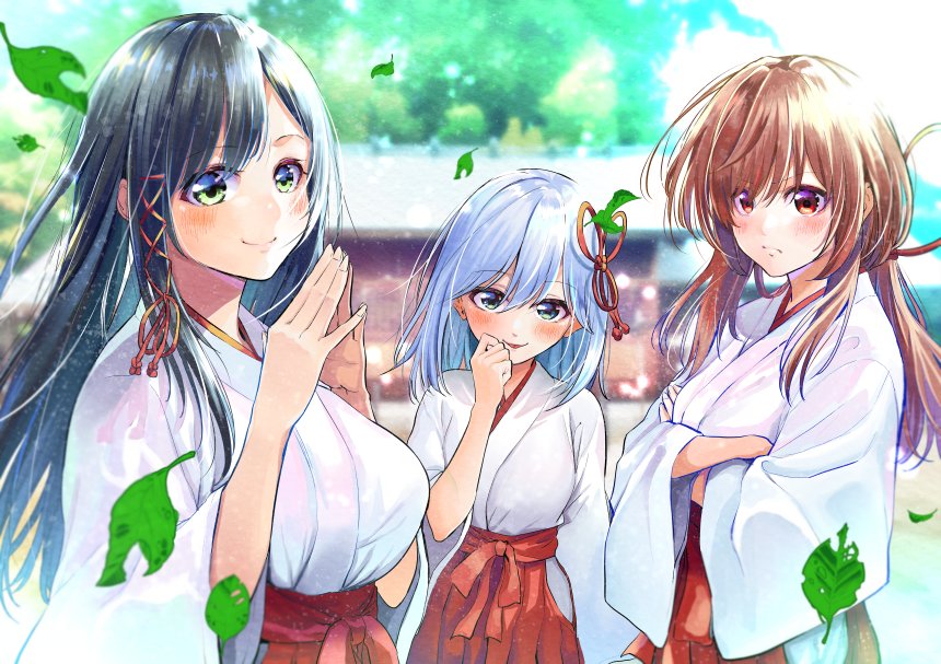 attsun (atsushi jb), amagami asahi, amagami yae, amagami yuna, amagami-san chi no enmusubi, commentary request, 3girls, black hair, blue eyes, blue hair, blush, breasts, closed mouth, crossed arms, falling leaves, green eyes, hair ornament, hakama, japanese clothes, kosode, large breasts, leaf, long hair, looking at viewer, medium hair, miko, multiple girls, own hands together, parted lips, red eyes, red hair, red hakama, siblings, sisters, smile, steepled fingers
