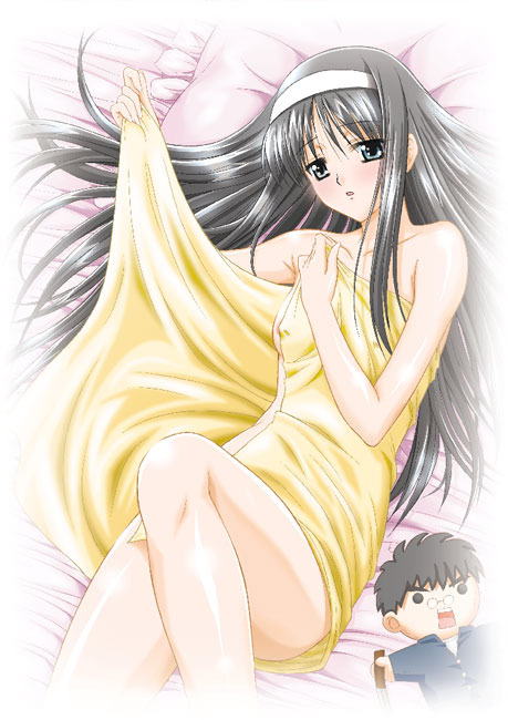q-gaku, shinbo tamaran, tohno akiha, tsukihime, 00s, 1girl, bed, black hair, blue eyes, blush, breasts, character doll, collarbone, doll, female focus, glasses, hairband, leg up, legs, long hair, lying, naked towel, o o, on back, open mouth, open towel, pillow, pince-nez, small breasts, solo, stuffed animal, stuffed toy, towel