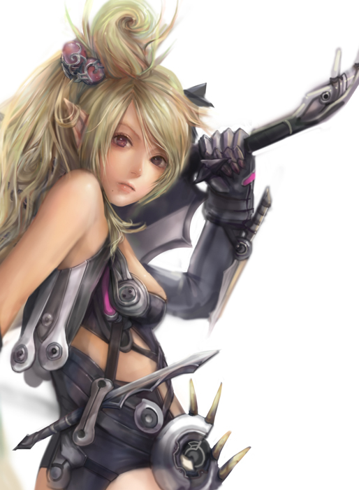 miche, bad id, bad pixiv id, 1girl, blonde hair, brown eyes, elf, female focus, pointy ears, solo, sword, weapon