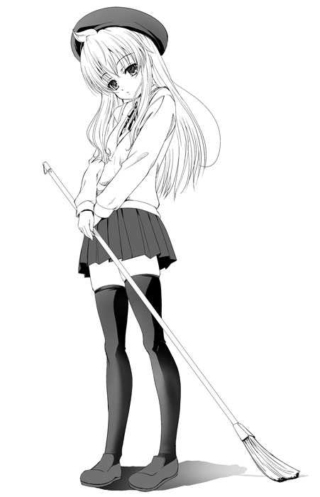 q-gaku, minami chiaki, minami-ke, 00s, ahoge, broom, greyscale, hat, monochrome, school uniform, serafuku, solo, thighhighs