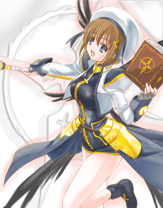 q-gaku, schwertkreuz, tome of the night sky, yagami hayate, lyrical nanoha, mahou shoujo lyrical nanoha, mahou shoujo lyrical nanoha strikers, 00s, 1girl, armor, beret, blue eyes, book, brown hair, female focus, fingerless gloves, gloves, hair ornament, hairclip, hat, jacket, leg lift, short hair, skirt, solo, staff, wings, x hair ornament