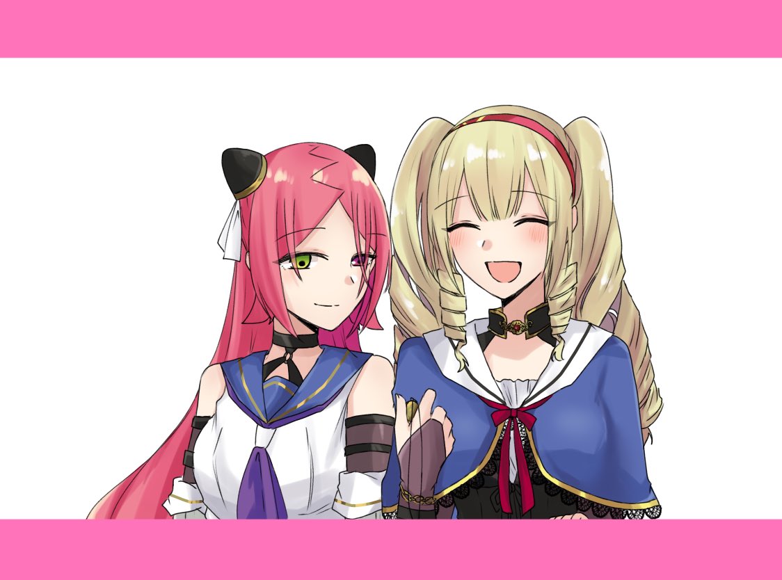 nigari (ngari 0115), komai sumire, shiba tomoshibi, assault lily, commentary, 2girls, :d, ^ ^, arm at side, arms at sides, bare shoulders, black shirt, blonde hair, blue capelet, blue sailor collar, blush, breasts, bridal gauntlets, brown bridal gauntlets, capelet, closed eyes, closed mouth, detached sleeves, drill hair, drill sidelocks, frilled shirt, frills, green eyes, hairband, hairpods, hand up, heterochromia, holding, holding pendant, jewelry, lace-trimmed capelet, lace trim, layered sleeves, letterboxed, long hair, long sleeves, looking at object, looking down, medium breasts, multiple girls, neckerchief, odaiba girls high school uniform, open mouth, parted bangs, pendant, purple neckerchief, red eyes, red hair, red hairband, sailor collar, school uniform, serafuku, shirt, side-by-side, sidelocks, simple background, sleeveless, sleeveless shirt, smile, twintails, two-tone shirt, upper body, white background, white shirt