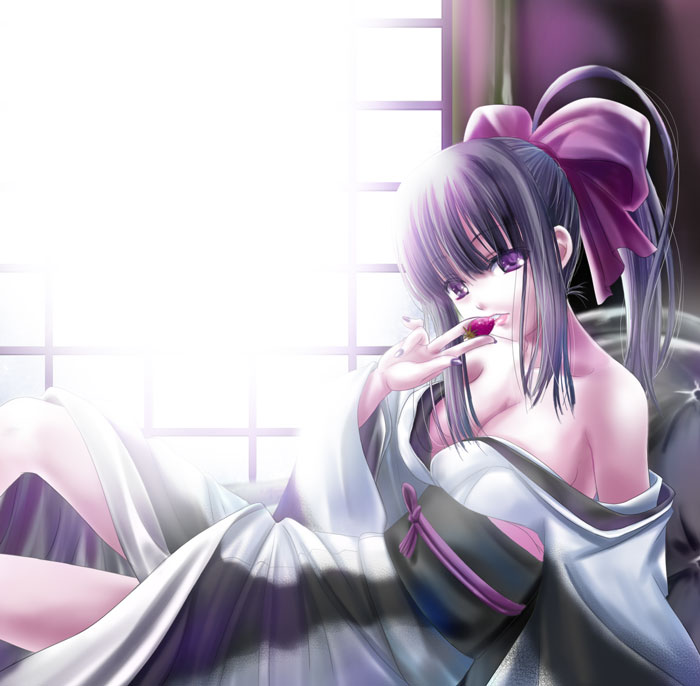 q-gaku, 1girl, black hair, breasts, cleavage, eating, female focus, japanese clothes, kimono, large breasts, lying, ponytail, purple eyes, solo