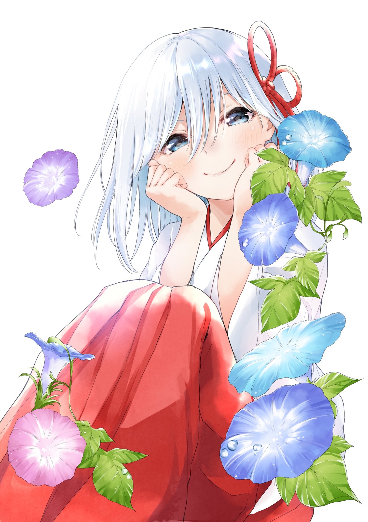 marcey, amagami asahi, amagami-san chi no enmusubi, commentary request, highres, official art, second-party source, 1girl, blue eyes, blue flower, blue hair, closed mouth, cover image, dew drop, flower, hair ornament, hakama, hakama skirt, hands on own cheeks, hands on own face, japanese clothes, kosode, leaf, looking at viewer, medium hair, miko, morning glory, pink flower, plant, purple flower, red hakama, simple background, sitting, skirt, smile, solo, vines, water drop, white background