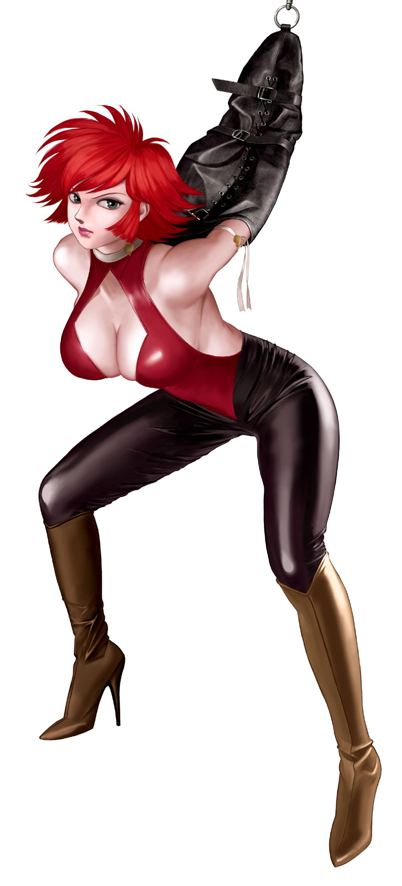 python (snake legs), cutie honey (character), kisaragi honey, cutie honey, toei company, highres, 1girl, armbinder, bdsm, bondage, boots, bound, breasts, cleavage, female focus, high heel boots, high heels, large breasts, leather, magical girl, red hair, shoes, short hair, simple background, solo, stiletto boots, stiletto heels, strappado, white background