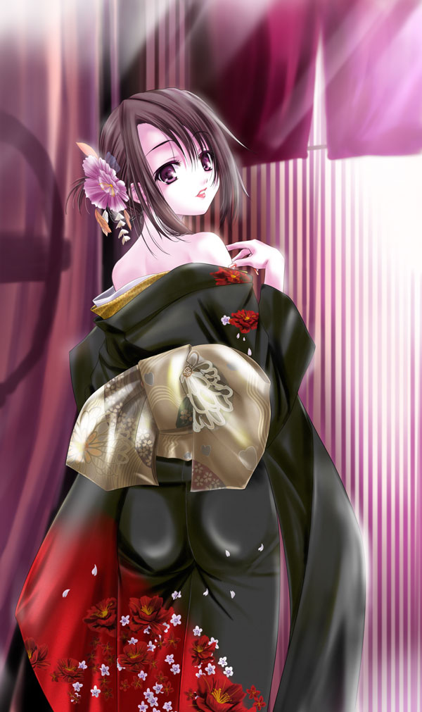 q-gaku, 1girl, ass, brown hair, female focus, flower, from behind, hair flower, hair ornament, hair up, japanese clothes, kimono, lipstick, looking back, makeup, off shoulder, pink eyes, solo