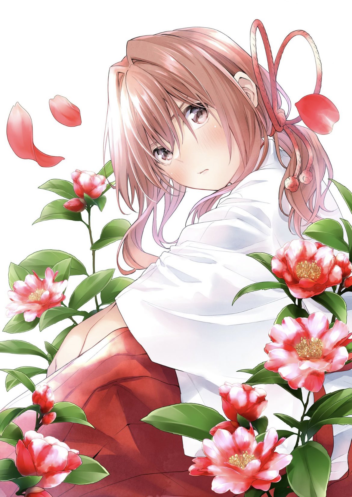 marcey, amagami yuna, amagami-san chi no enmusubi, commentary request, highres, official art, second-party source, 1girl, bud, camellia, closed mouth, cover image, falling petals, flower, hair ornament, hakama, hakama skirt, japanese clothes, kosode, leaf, looking at viewer, medium hair, miko, petals, red eyes, red flower, red hair, red hakama, red petals, simple background, skirt, solo, white background