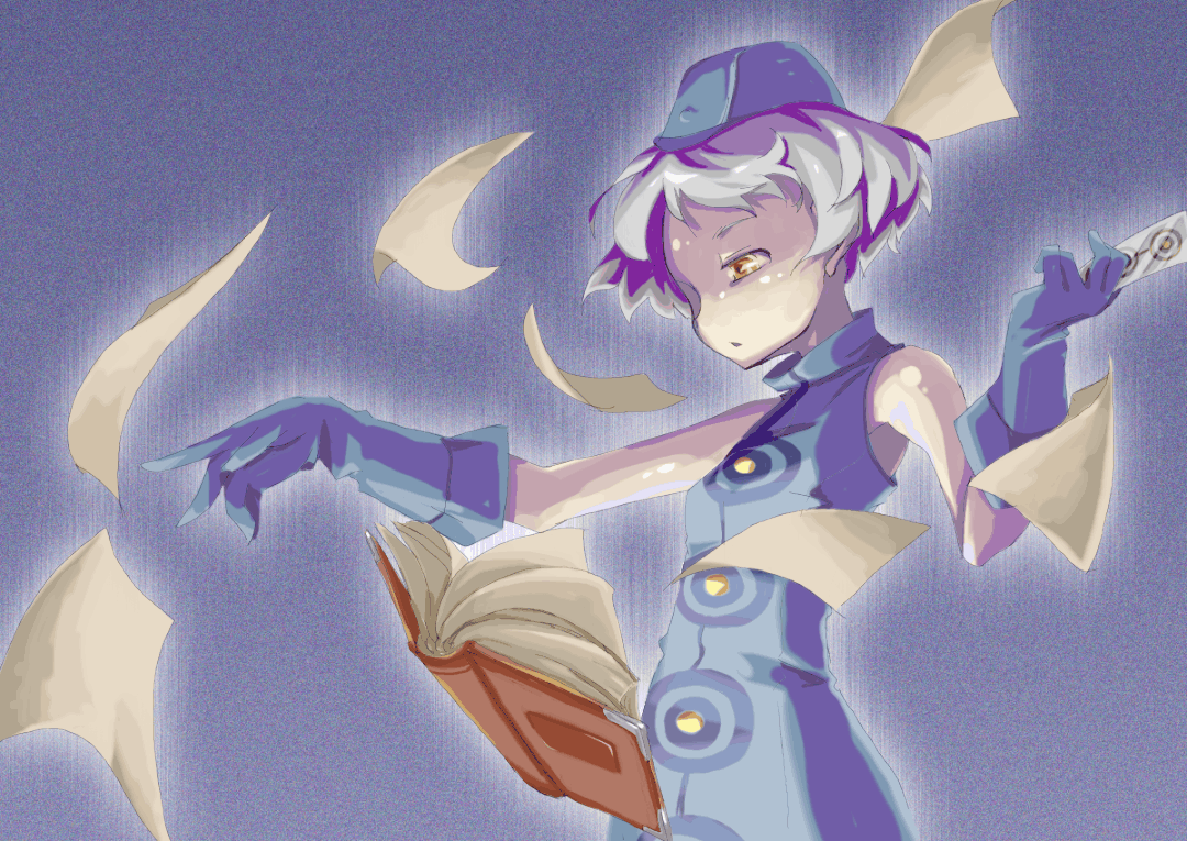 yomi (artist), elizabeth (persona), atlus, persona, persona 3, silver hair, 1girl, bare shoulders, blue background, blue dress, blue gloves, blue hat, book, card, closed mouth, dress, elbow gloves, expressionless, female focus, floating, floating book, floating object, garrison cap, gloves, hat, holding, holding card, open book, paper, shaded face, short hair, simple background, sleeveless, sleeveless dress, solo, upper body, yellow eyes