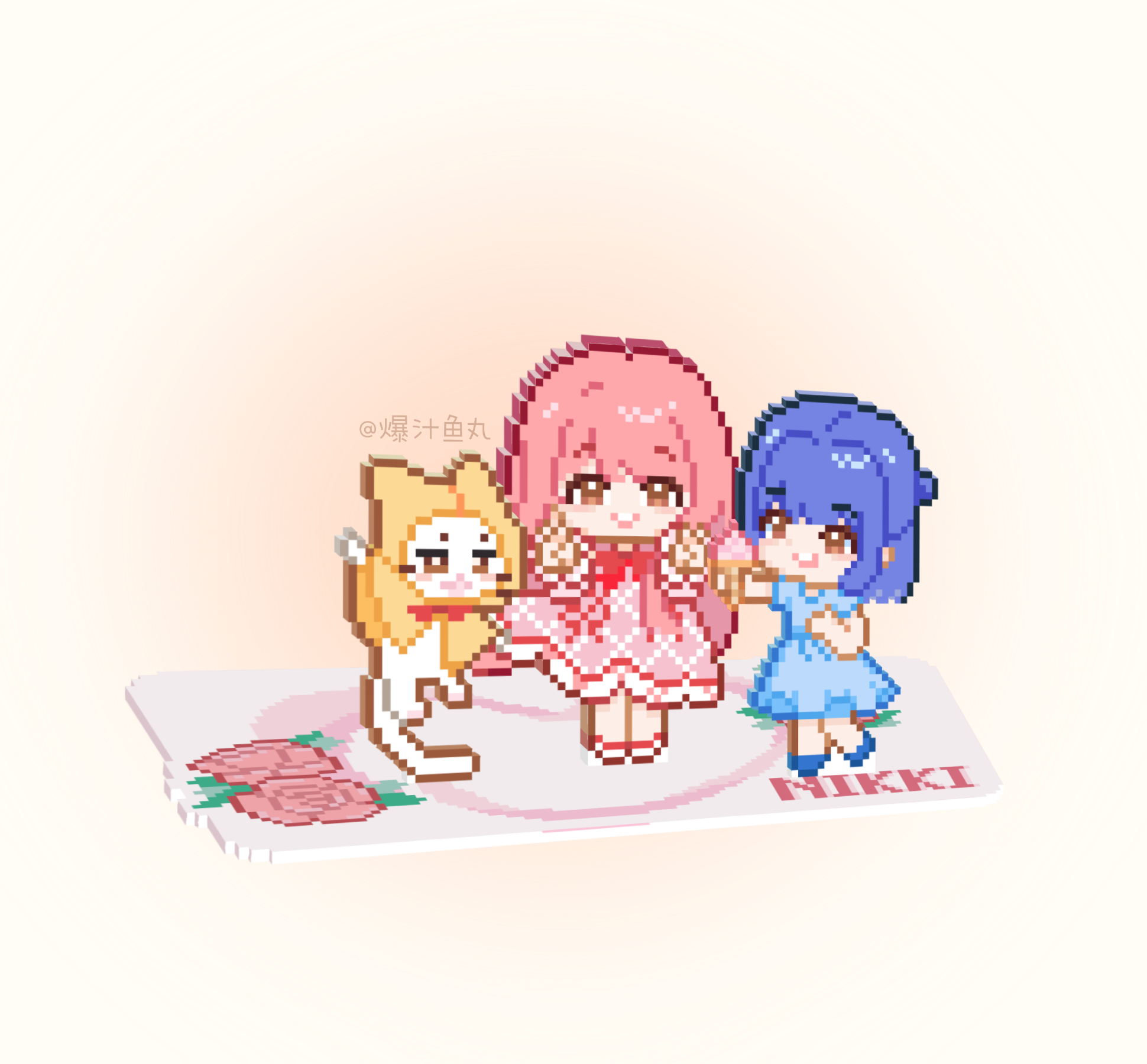 bloom poetry (shining nikki), momo (nikki), nikki (nikki), nikki (series), shining nikki, character request, chinese commentary, commentary request, highres, 2girls, animal, argyle clothes, argyle dress, artist name, baozhi yuwan, blue dress, blue hair, blue shoes, bow, bowtie, brown eyes, cat, chibi, cloak, clothed animal, double v, dress, ear covers, figure stand, food, frilled sleeves, frills, hair bun, happy, holding, holding food, holding ice cream, holding ice cream cone, hood, hood up, hooded cloak, ice cream, ice cream cone, long hair, long sleeves, medium dress, medium hair, multiple girls, open mouth, pinafore dress, pink dress, pink hair, pixel art, puffy long sleeves, puffy sleeves, red bow, red bowtie, shirt, shoes, short sleeves, single hair bun, skirt hold, sleeveless, sleeveless dress, smile, tareme, teeth, traditional bowtie, upper teeth only, v, very long hair, whiskers, white cat, white shirt, white shoes, yellow background, yellow cloak