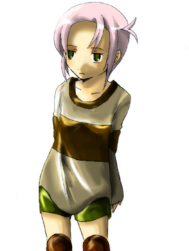 tea (kino no tabi), kino no tabi, 00s, 1girl, female focus, green eyes, knee pads, long sleeves, pink hair, short hair, shorts, solo, white background