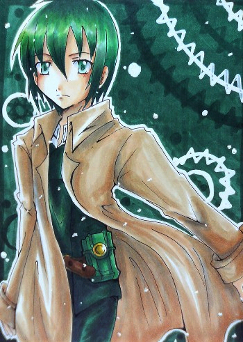 kino (kino no tabi), kino no tabi, lowres, 00s, 1girl, androgynous, coat, female focus, green eyes, green hair, green theme, looking at viewer, matching hair/eyes, reverse trap, short hair, solo
