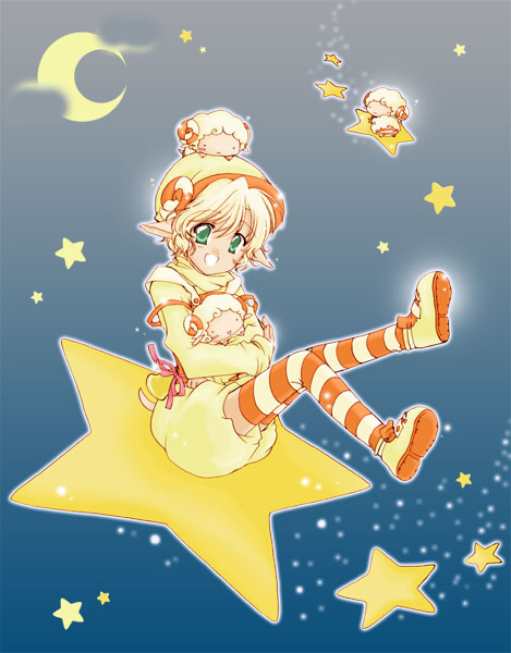sakura mio (vent), original, 1girl, blonde hair, crescent moon, detached sleeves, female focus, green eyes, hat, monster girl, moon, pointy ears, sheep, sheep girl, sheepgirl, short hair, solo, star (symbol), striped clothes, striped thighhighs, thighhighs