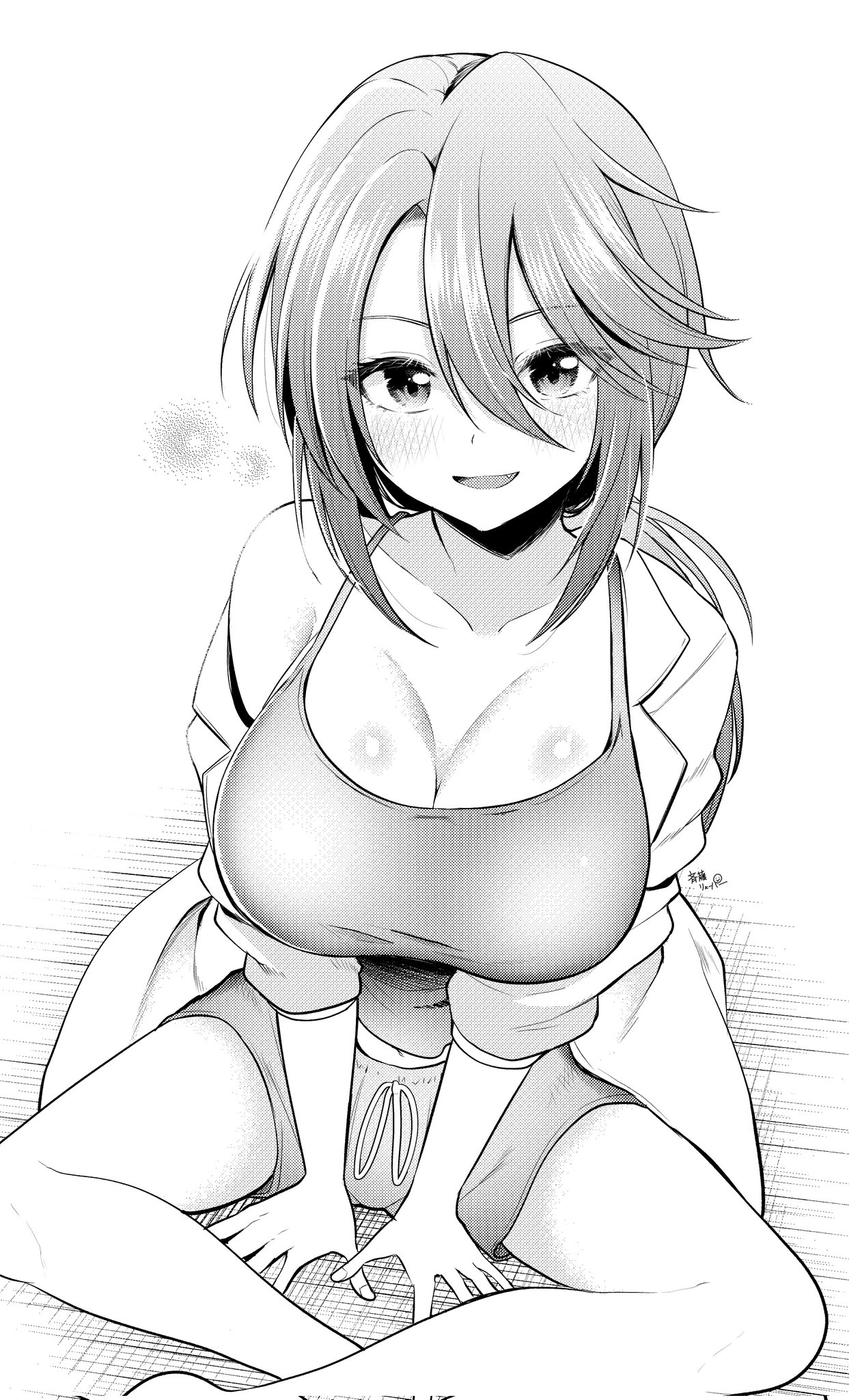 ryopa, anekouji mahiru, amagami-san chi no enmusubi, commentary request, highres, 1girl, arm support, breasts, camisole, cleavage, collarbone, greyscale, hair between eyes, jacket, large breasts, light blush, long hair, looking at viewer, midriff peek, monochrome, off shoulder, open clothes, open jacket, open mouth, shorts, sitting, smile, solo