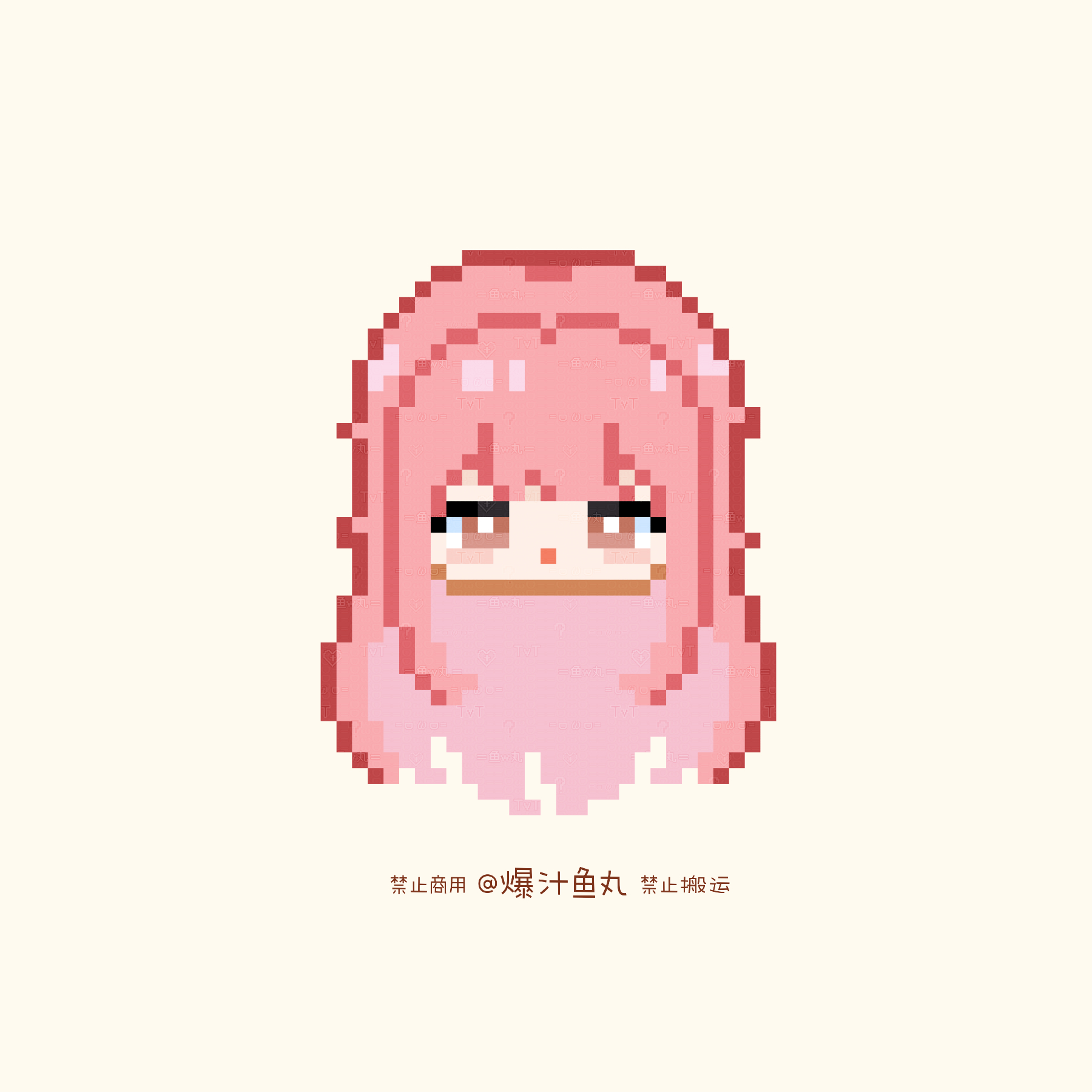 nikki (nikki), nikki (series), chinese commentary, commentary request, highres, 1girl, :o, artist name, baozhi yuwan, blush stickers, bright pupils, brown eyes, expressionless, head only, long hair, open mouth, pink hair, pixel art, sidelocks, simple background, solo, straight-on, white pupils, yellow background