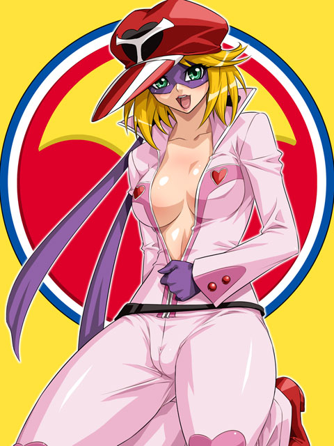kagami hirotaka, ai-chan, kaminari ai, tatsunoko production, time bokan (series), yatterman, 1girl, :d, belt, blonde hair, blush, bodysuit, breasts, breasts apart, buttons, cameltoe, center opening, domino mask, female focus, flipped hair, gloves, green eyes, hat, heart, heart print, high collar, high heels, jumpsuit, kneeling, large breasts, lipstick, logo, looking at viewer, makeup, mask, newsboy cap, no bra, open bodysuit, open clothes, open mouth, outline, ribbon, short hair, smile, solo, undressing, unzipped, unzipping, yellow background