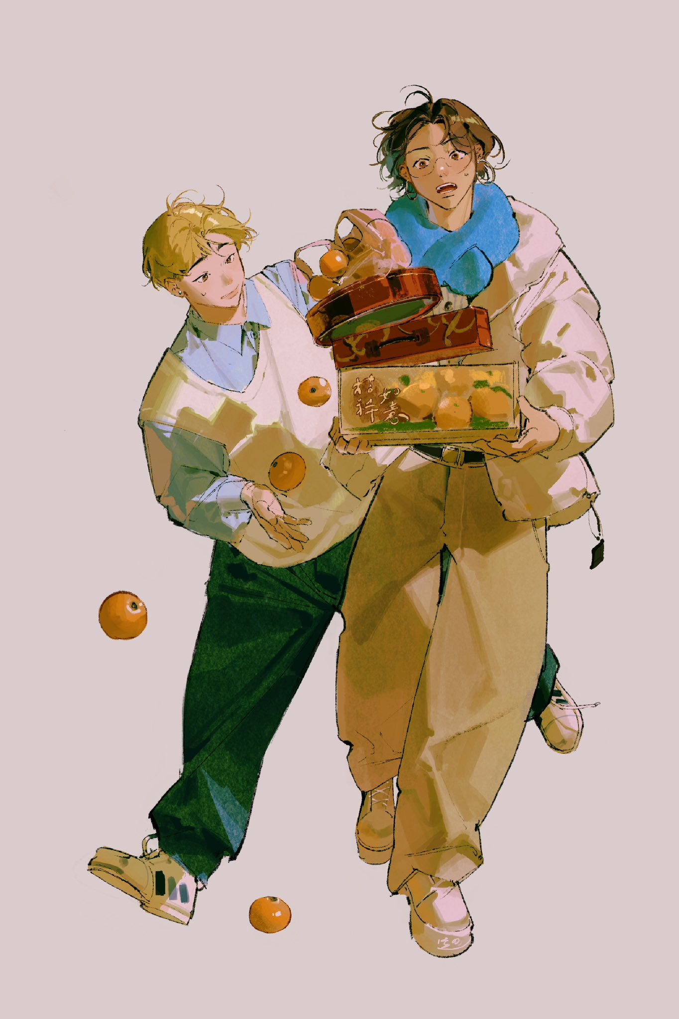 amo (amo 0514), original, chinese commentary, commentary request, highres, 2boys, bag, belt, black belt, blonde hair, blue pants, blue scarf, blue shirt, box, brown eyes, brown hair, brown pants, closed mouth, collared shirt, dropping, earrings, food, fruit, full body, glasses, grey background, grocery bag, holding, holding box, hoop earrings, jacket, jewelry, leaning to the side, leg up, long sleeves, male focus, multiple boys, open clothes, open jacket, open mouth, orange (fruit), pants, parted bangs, plastic bag, puffy long sleeves, puffy sleeves, raised eyebrows, scarf, shirt, shoes, shopping bag, short hair, simple background, sneakers, standing, standing on one leg, sweatdrop, vest, walking, white jacket, white shoes, white vest
