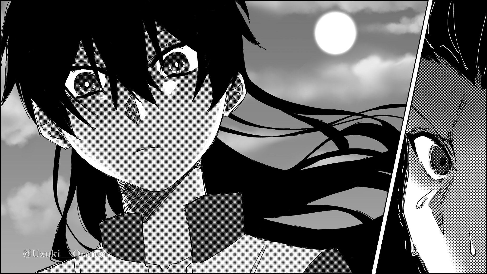 uzuki orange, michael roa valdamjong, tohno shiki, tsukihime, tsukihime (remake), highres, 2girls, black hair, floating hair, genderswap, genderswap (mtf), hair between eyes, hair slicked back, jacket, long hair, looking at another, monochrome, moonlight, multiple girls, mystic eyes, mystic eyes of death perception, night, night sky, open clothes, open jacket, partially shaded face, scared, scene reference, serious, sky, sweat, trembling