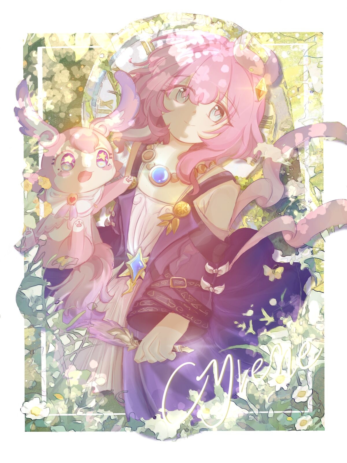 cyrene (honkai: star rail), mem (honkai: star rail), honkai: star rail, honkai (series), fluffy hair, chinese commentary, commentary request, highres, 1girl, bare shoulders, blue eyes, border, breasts, character name, coat, dress, flower, jewelry, necklace, pink hair, purple coat, short hair, shuaiertwo, small breasts, smile, star-shaped pupils, star (symbol), symbol-shaped pupils, white border, white dress, white flower