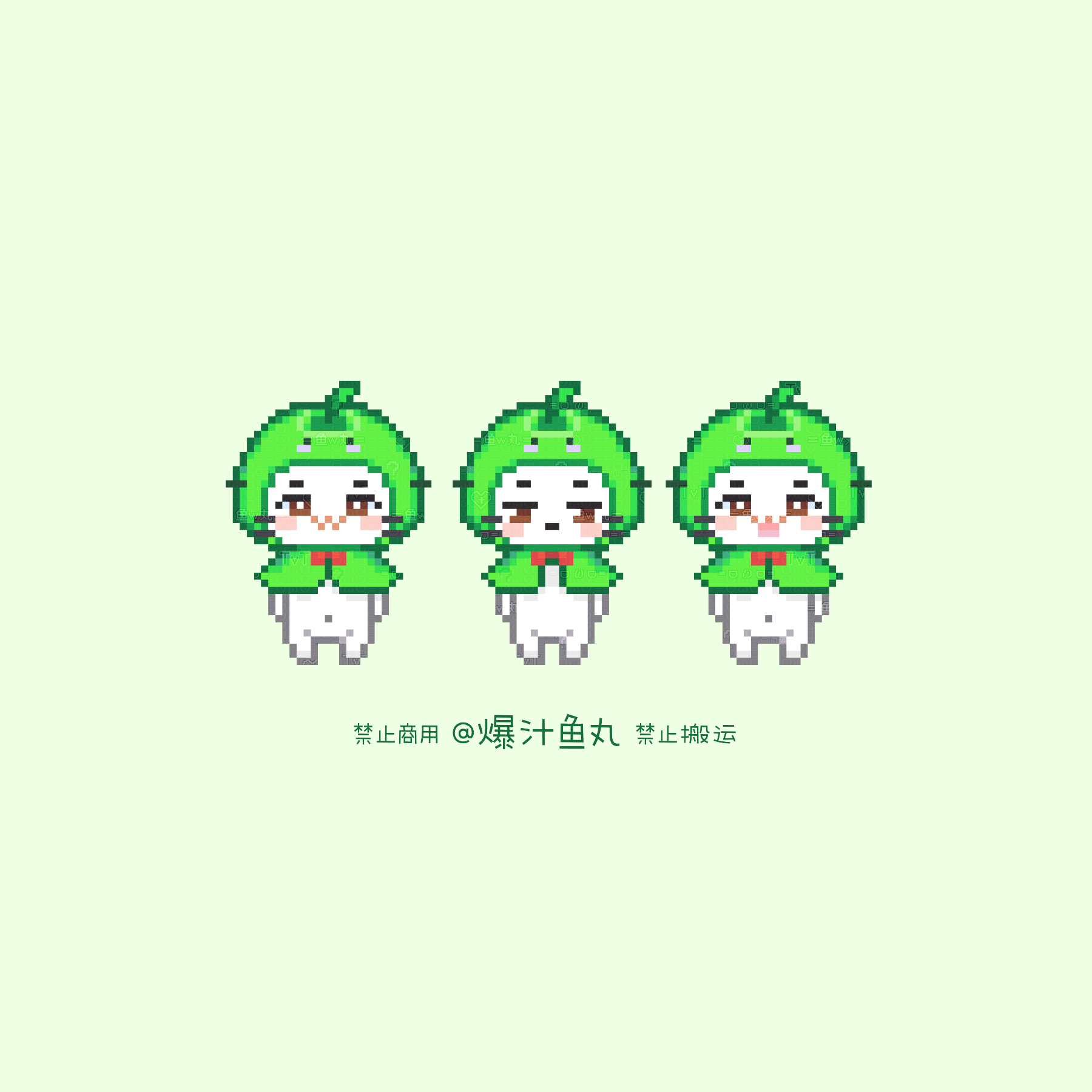 momo (nikki), infinity nikki, nikki (series), stardew valley, chinese commentary, commentary request, highres, :3, animal, apple, artist name, baozhi yuwan, blush stickers, bow, bowtie, bright pupils, cat, cloak, closed mouth, clothed animal, cosplay, food, food-themed clothes, fruit, green apple, green background, green cloak, happy, hood, hood up, hooded cloak, looking at viewer, multiple expressions, navel, no humans, open mouth, red bow, red bowtie, simple background, smile, standing, tareme, traditional bowtie, unamused, variations, watermark, whiskers, white cat, white pupils