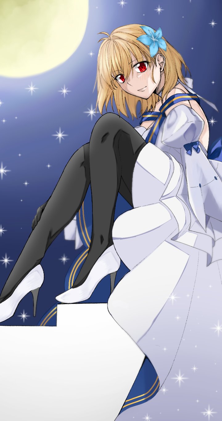 uzuki orange, arcueid brunestud, arcueid brunestud (mooncancer), fate/grand order, fate (series), highres, 1girl, bare shoulders, black pantyhose, blue ribbon, detached sleeves, dress, floating clothes, floating hair, flower, full moon, gold trim, hair flower, hair ornament, long dress, looking at viewer, moon, night, night sky, pantyhose, red eyes, ribbon, sitting, sitting on stairs, sky, smile, stairs, white dress