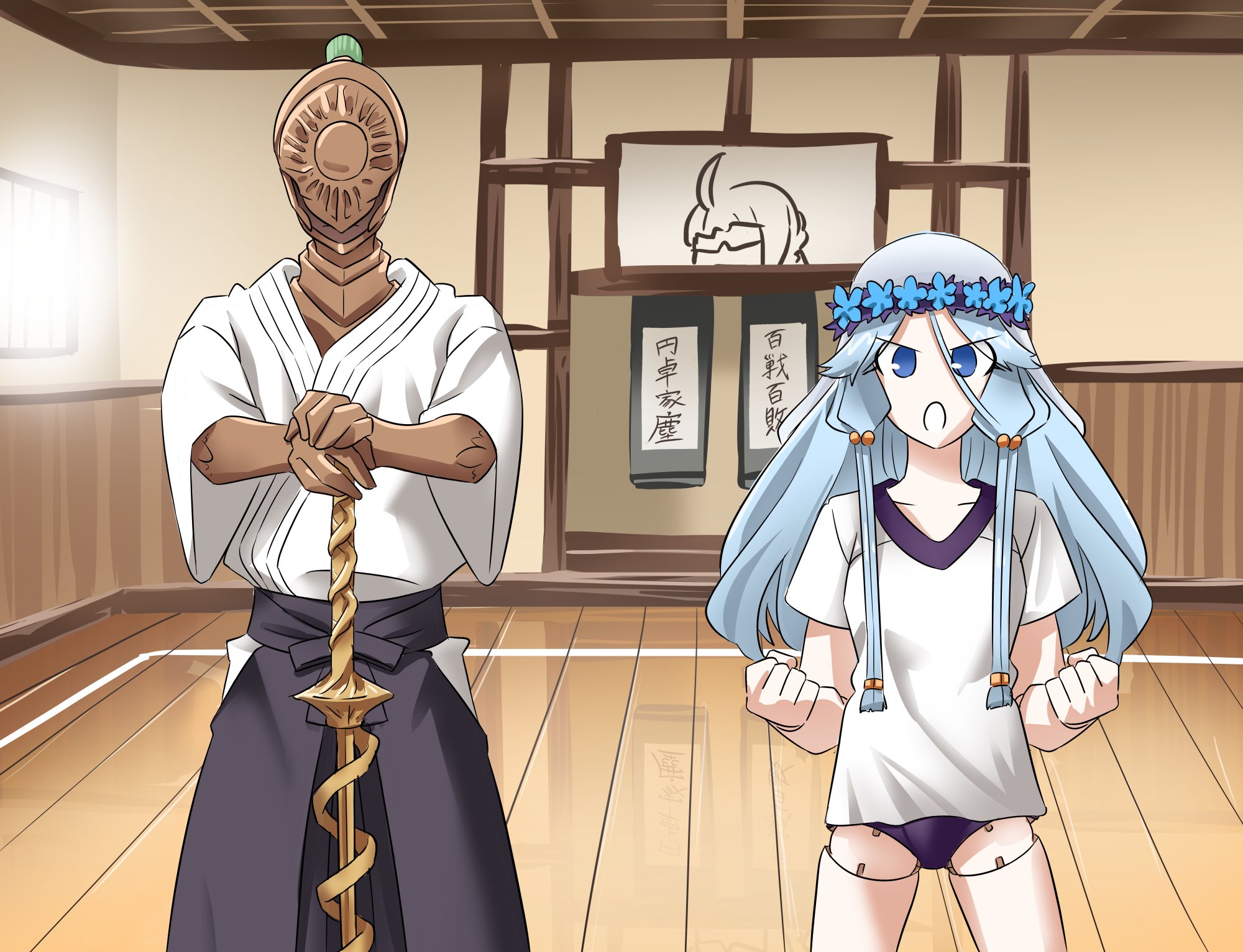 executor (elden ring), fujimura taiga, illyasviel von einzbern, revenant (elden ring), elden ring, elden ring nightreign, fate/stay night, fate (series), highres, 1boy, 1girl, cosplay, dojo, fujimura taiga (cosplay), holding, holding sword, holding weapon, illyasviel von einzbern (cosplay), parody, sword, thousand chimer, tiger dojo, weapon