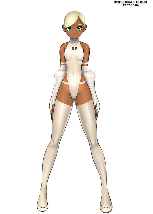 ryu (ryu's form site), original, 1girl, bare shoulders, blonde hair, blue eyes, dark-skinned female, dark skin, elbow gloves, female focus, fingerless gloves, full body, gloves, legs, leotard, navel, short hair, simple background, solo, thighhighs, white background, white thighhighs