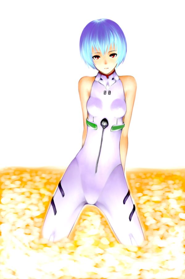 hamao, ayanami rei, neon genesis evangelion, pilot suit, 1girl, arms behind back, bare shoulders, blue hair, breasts, cowboy shot, expressionless, female focus, halterneck, hip focus, lcl, legs apart, looking at viewer, mecha pilot suit, plugsuit (evangelion), red eyes, short hair, skinny, small breasts, solo, turtleneck, unitard, wading, white background