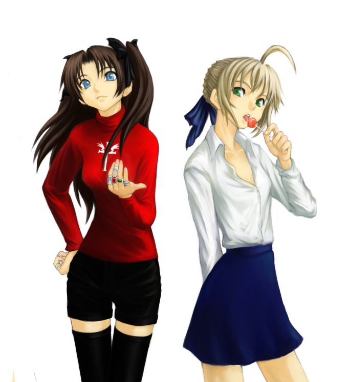 hamao, artoria pendragon (fate), saber (fate), tohsaka rin, fate/stay night, fate (series), black legwear, 00s, 2girls, ahoge, bare legs, candy, food, hand on own hip, hip focus, jewelry, lollipop, multiple girls, ring, shorts, thighhighs, zettai ryouiki