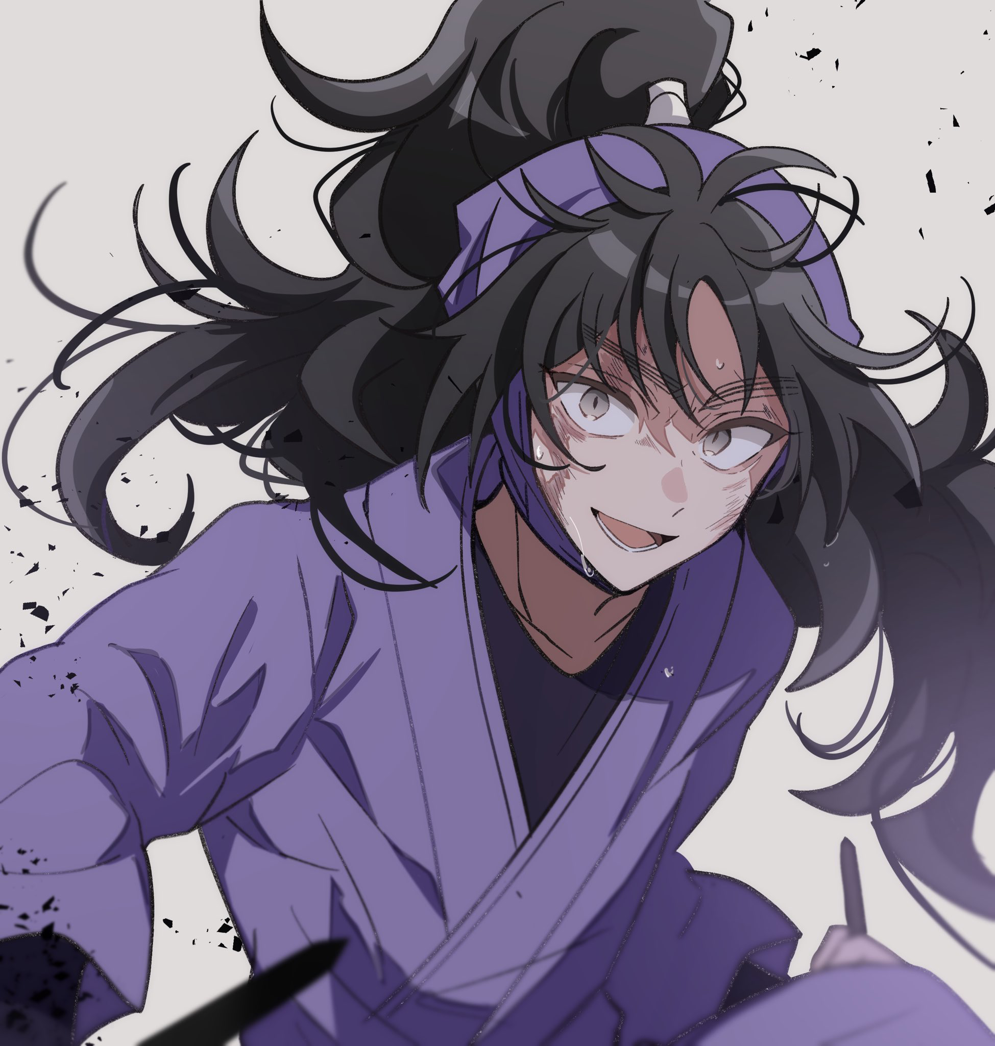 rere tu2, kukuchi heisuke, rakudai ninja rantarou, highres, 1boy, black hair, black undershirt, collarbone, grey background, grey eyes, high ponytail, looking at viewer, lower teeth only, male focus, ninja, ponytail, purple shirt, shirt, simple background, smile, solo, sweat, teeth, upper body