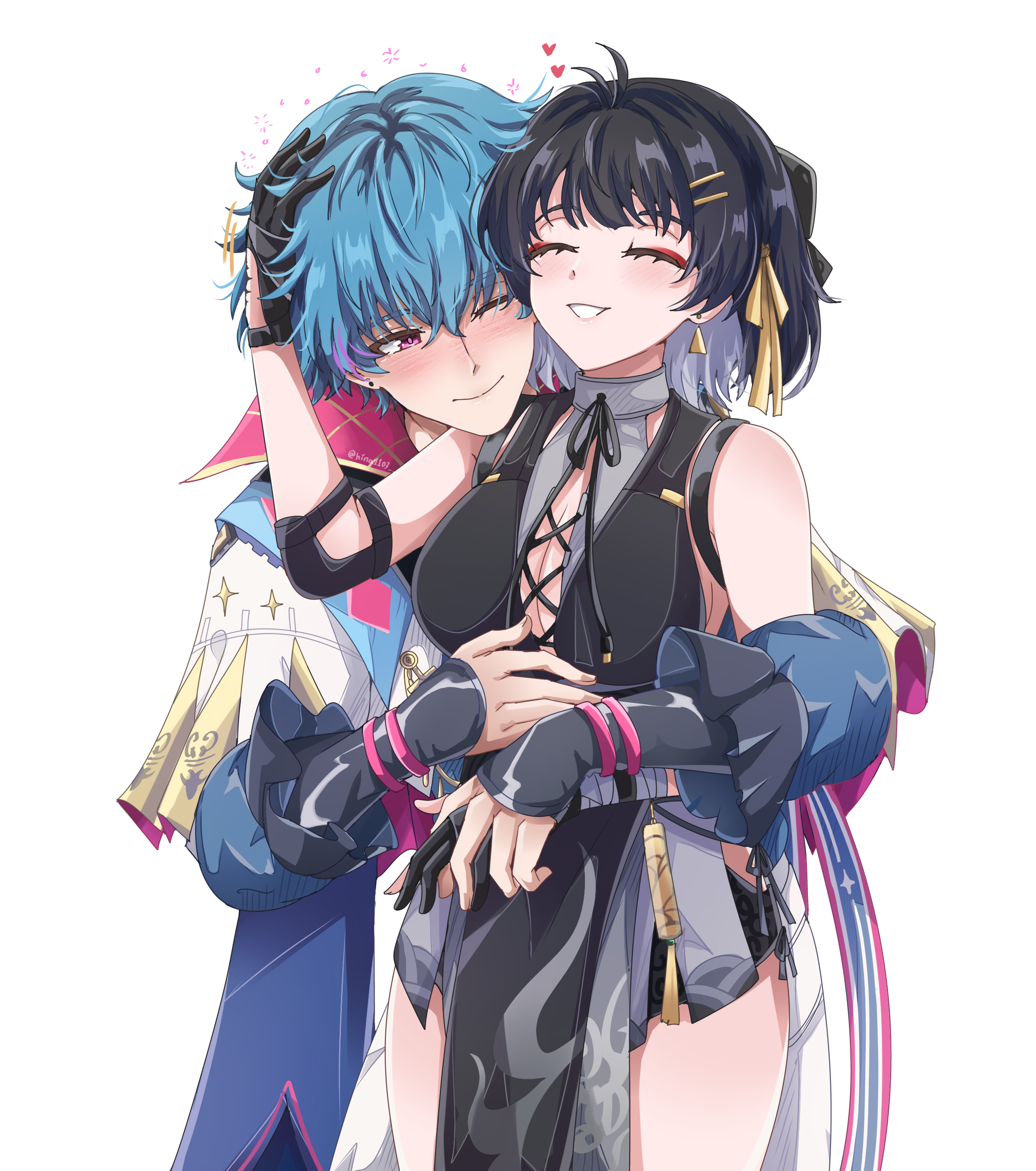 hina1103, brant (wuthering waves), female rover (wuthering waves), rover (wuthering waves), wuthering waves, absurdres, commentary, highres, 1boy, 1girl, bandaged arm, bandages, bare shoulders, black bow, black gloves, black hair, black shorts, blue hair, blush, bow, breasts, closed eyes, closed mouth, colored inner hair, cowboy shot, cross-laced clothes, cross-laced dress, dress, earrings, elbow pads, gloves, hair bow, hair ribbon, hand on another's head, head on another's shoulder, hetero, hug, hug from behind, jewelry, large breasts, multicolored hair, one eye closed, pelvic curtain, ribbon, shorts, simple background, sleeveless, sleeveless dress, smile, tacet mark (wuthering waves), triangle earrings, white background, white hair, yellow ribbon