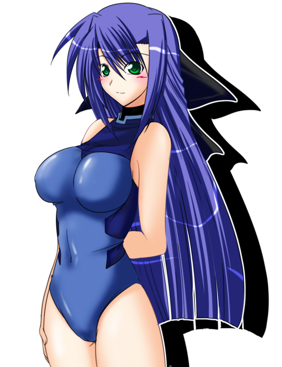 hagane soushi, ginga nakajima, lyrical nanoha, mahou shoujo lyrical nanoha, mahou shoujo lyrical nanoha strikers, 00s, blue hair, green eyes, hair ribbon, long hair, one-piece swimsuit, ribbon, solo, swimsuit, very long hair