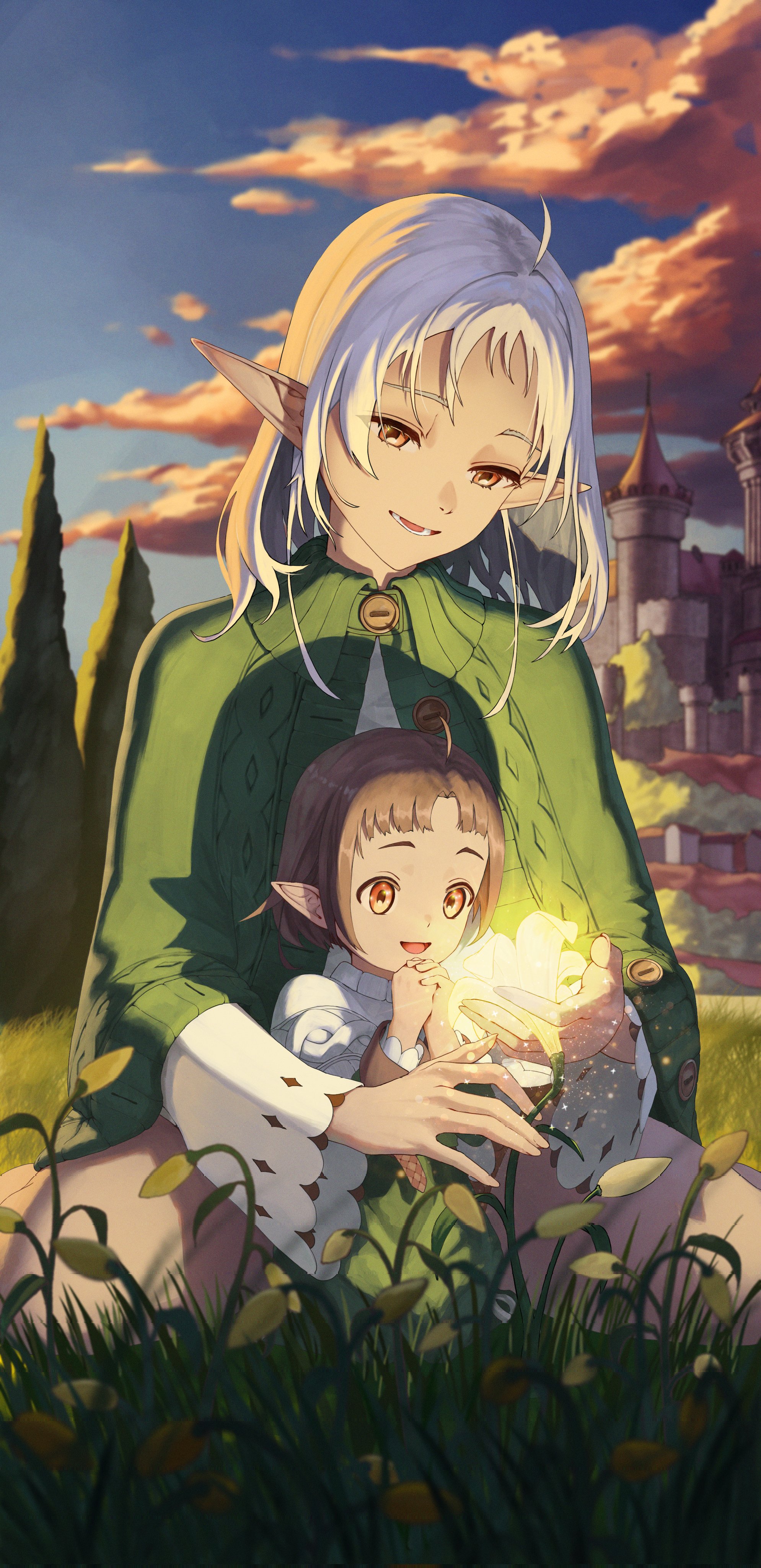 aqwariate, lucy greyrat, sylphiette (mushoku tensei), mushoku tensei, absurdres, commentary, english commentary, highres, 2girls, ahoge, blue sky, brown eyes, brown hair, capelet, castle, cloud, cloudy sky, elf, evening, flower, glowing, grass, green capelet, grey hair, interlocked fingers, lily (flower), long pointy ears, long sleeves, looking at flowers, medium hair, mother and daughter, multiple girls, open mouth, outdoors, own hands clasped, own hands together, parted lips, pointy ears, sitting, sky, smile, tree