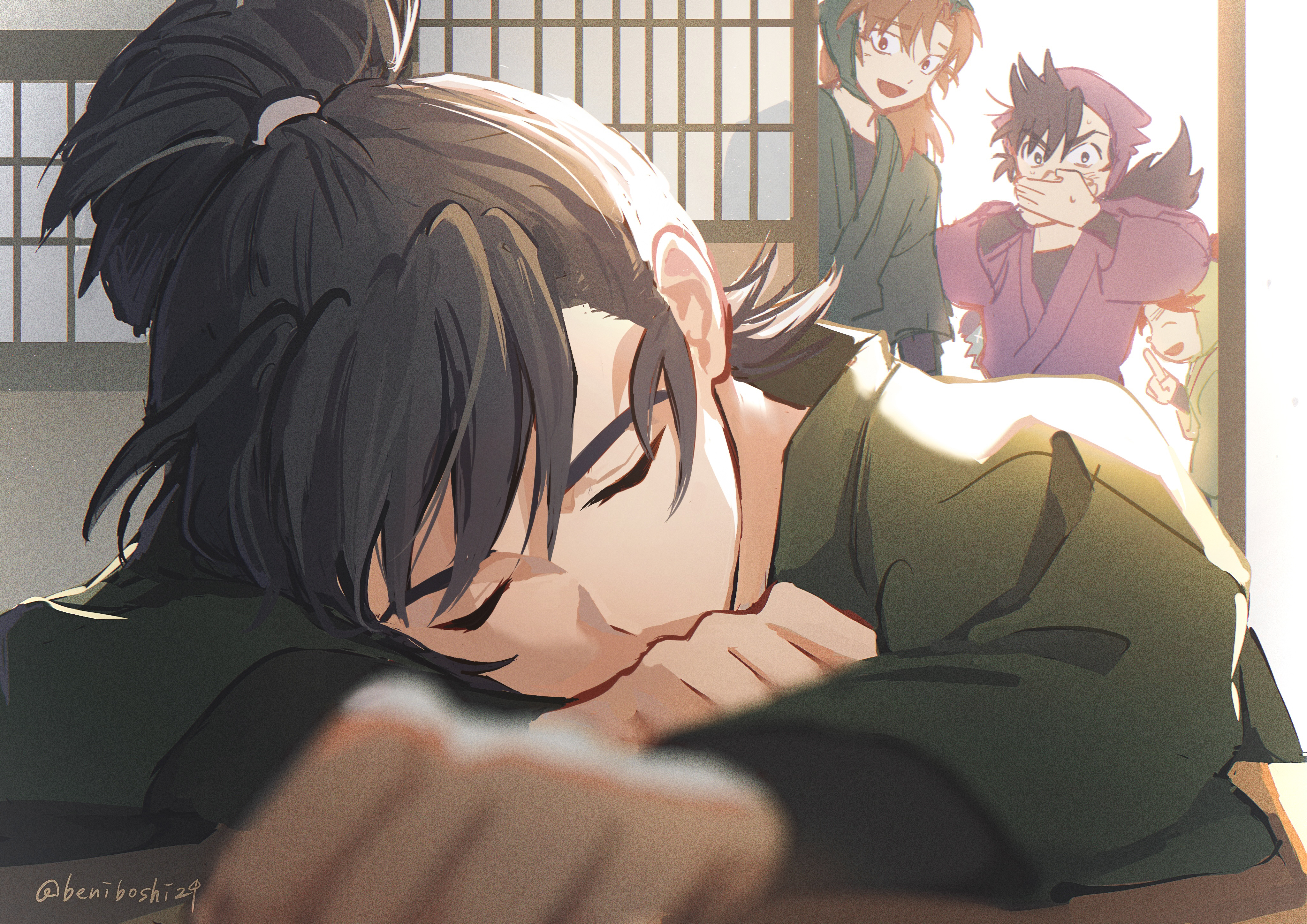 uni sirasu, kema tomesaburou, zenpouji isaku, rakudai ninja rantarou, absurdres, character request, highres, 4boys, black hair, black undershirt, brown hair, closed eyes, covering own mouth, green shirt, hair between eyes, hands up, high ponytail, indoors, looking at another, male focus, multiple boys, ninja, open mouth, ponytail, purple shirt, shirt, smile, sunlight, twitter username