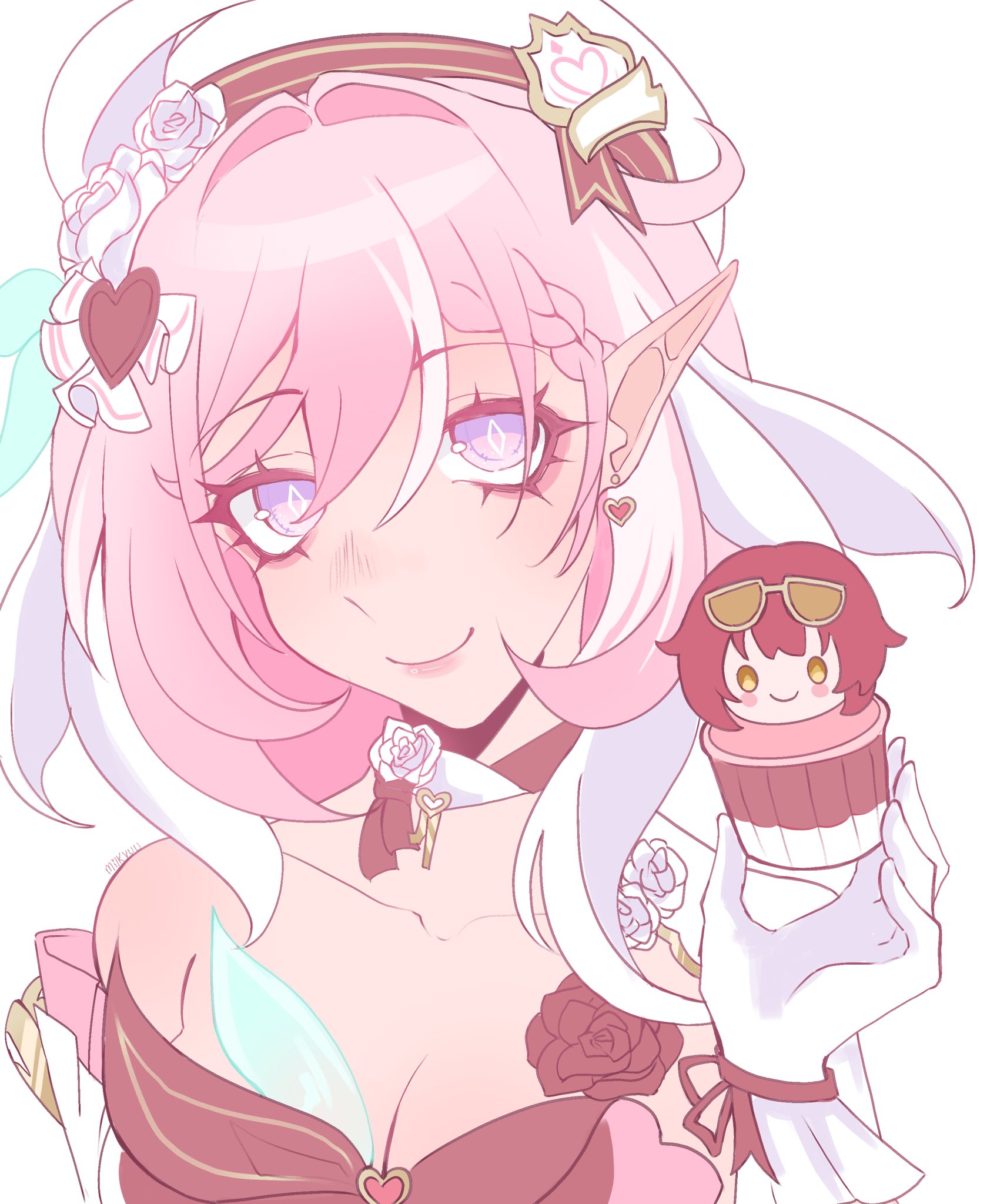 eden (honkai impact), elysia (honkai impact), honkai (series), honkai impact 3rd, commentary, english commentary, highres, 1girl, bare shoulders, breasts, cleavage, cupcake, diamond-shaped pupils, diamond (shape), dress, earrings, elf, food, gloves, hat, heart, heart earrings, jewelry, large breasts, long hair, looking at viewer, milkyuu, multicolored hair, pink hair, pointy ears, purple eyes, red dress, simple background, solo, symbol-shaped pupils, two-tone hair, upper body, very long hair, white background, white gloves, white hair, white hat