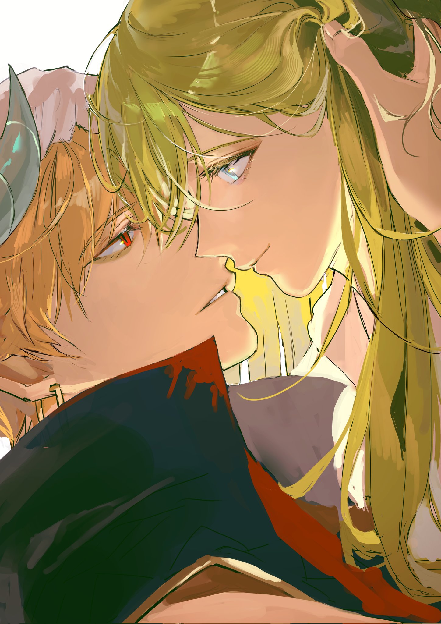 yammu, enkidu (fate), gilgamesh, gilgamesh (caster) (fate), gilgamesh (fate), fate/grand order, fate (series), highres, 1boy, 1other, androgynous, blonde hair, couple, green eyes, green hair, imminent kiss, long hair, looking at another, other with male, red eyes
