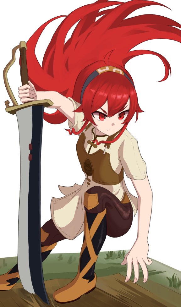 shirai kyushin, eris greyrat, mushoku tensei, 1girl, ahoge, bandana, boots, cuirass, holding, holding sword, holding weapon, red eyes, red hair, sword, weapon