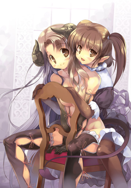 hanpen, 2girls, brown eyes, brown hair, horns, multiple girls, nude, thighhighs, twintails