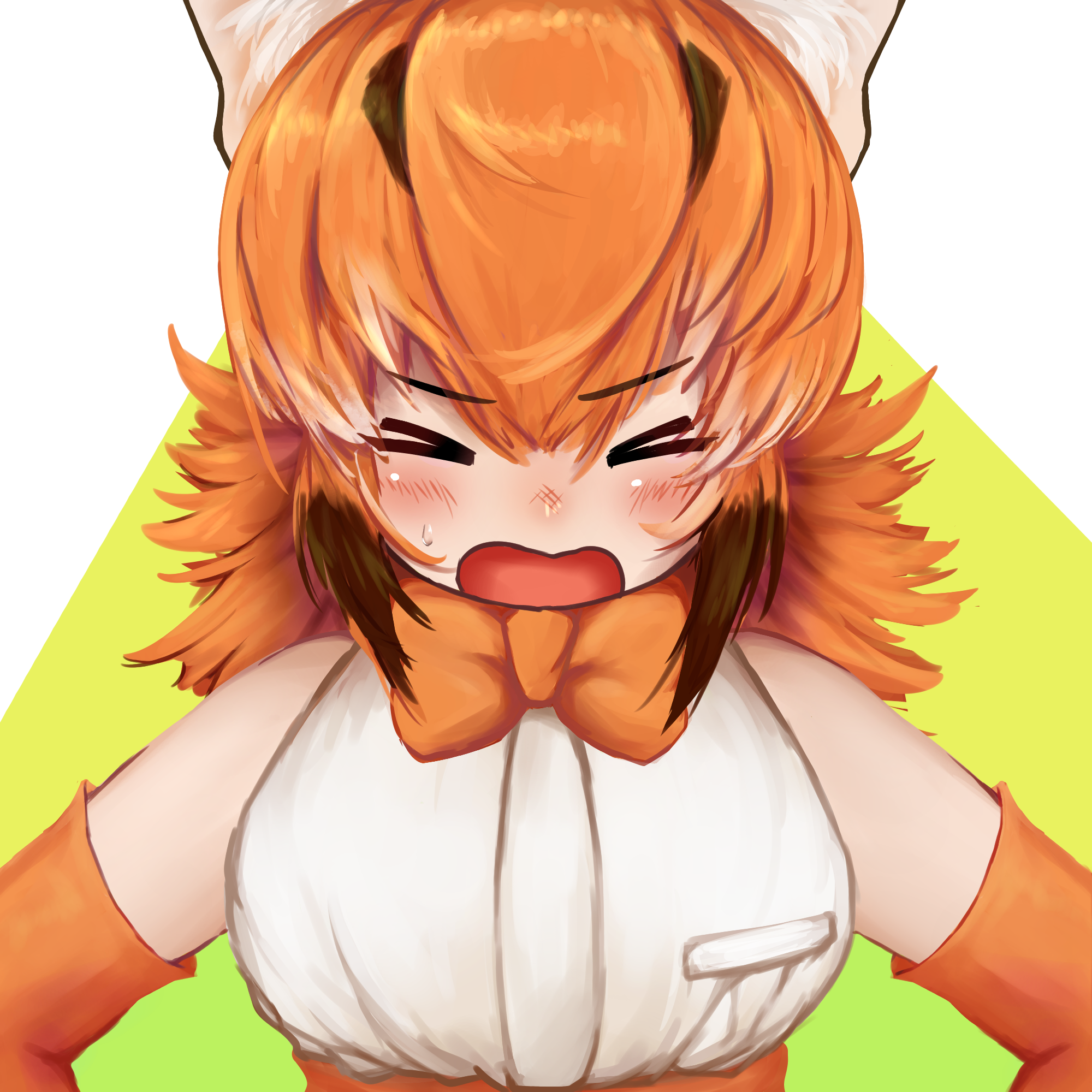 takara (takara0508), caracal (kemono friends), kemono friends, commentary request, highres, > <, 1girl, blush, bow, bowtie, breasts, brown hair, elbow gloves, gloves, green background, hair between eyes, medium breasts, medium hair, multicolored hair, open mouth, orange bow, orange bowtie, orange gloves, orange hair, shirt, sleeveless, sleeveless shirt, solo, tented shirt, two-tone hair, upper body, white background, white shirt