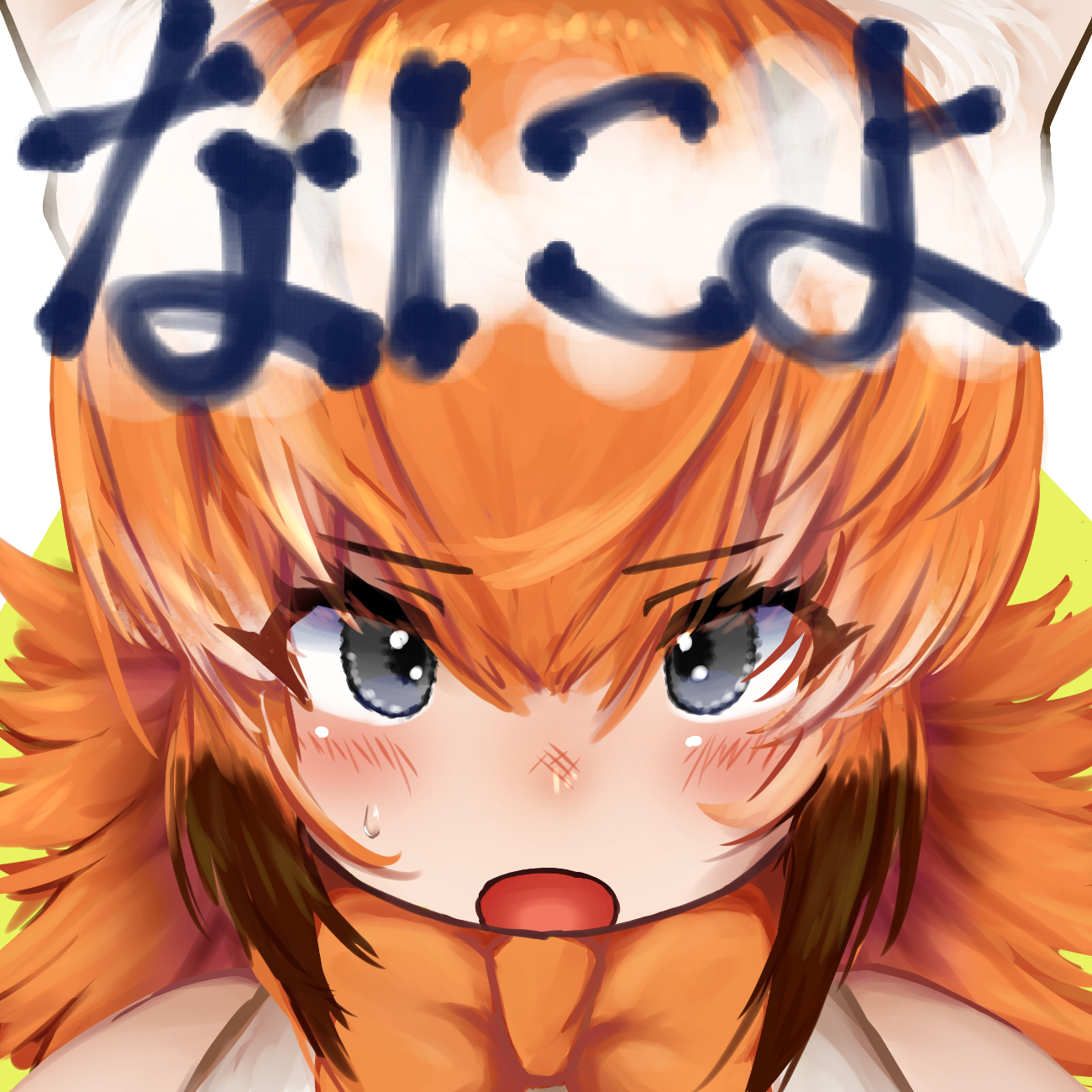 takara (takara0508), caracal (kemono friends), kemono friends, commentary request, highres, translation request, 1girl, blush, bow, bowtie, brown hair, close-up, grey eyes, hair between eyes, looking at viewer, medium hair, multicolored hair, open mouth, orange bow, orange bowtie, orange hair, portrait, shirt, sleeveless, sleeveless shirt, solo, two-tone hair, white background, white shirt