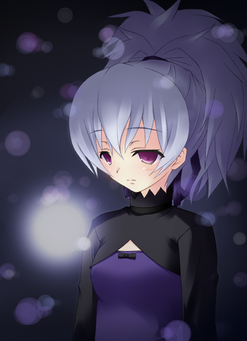 iwasaki takashi, yin (darker than black), darker than black, silver hair, 00s, 1girl, blush, bow, female focus, flat chest, long hair, ponytail, purple eyes, sad, solo, upper body
